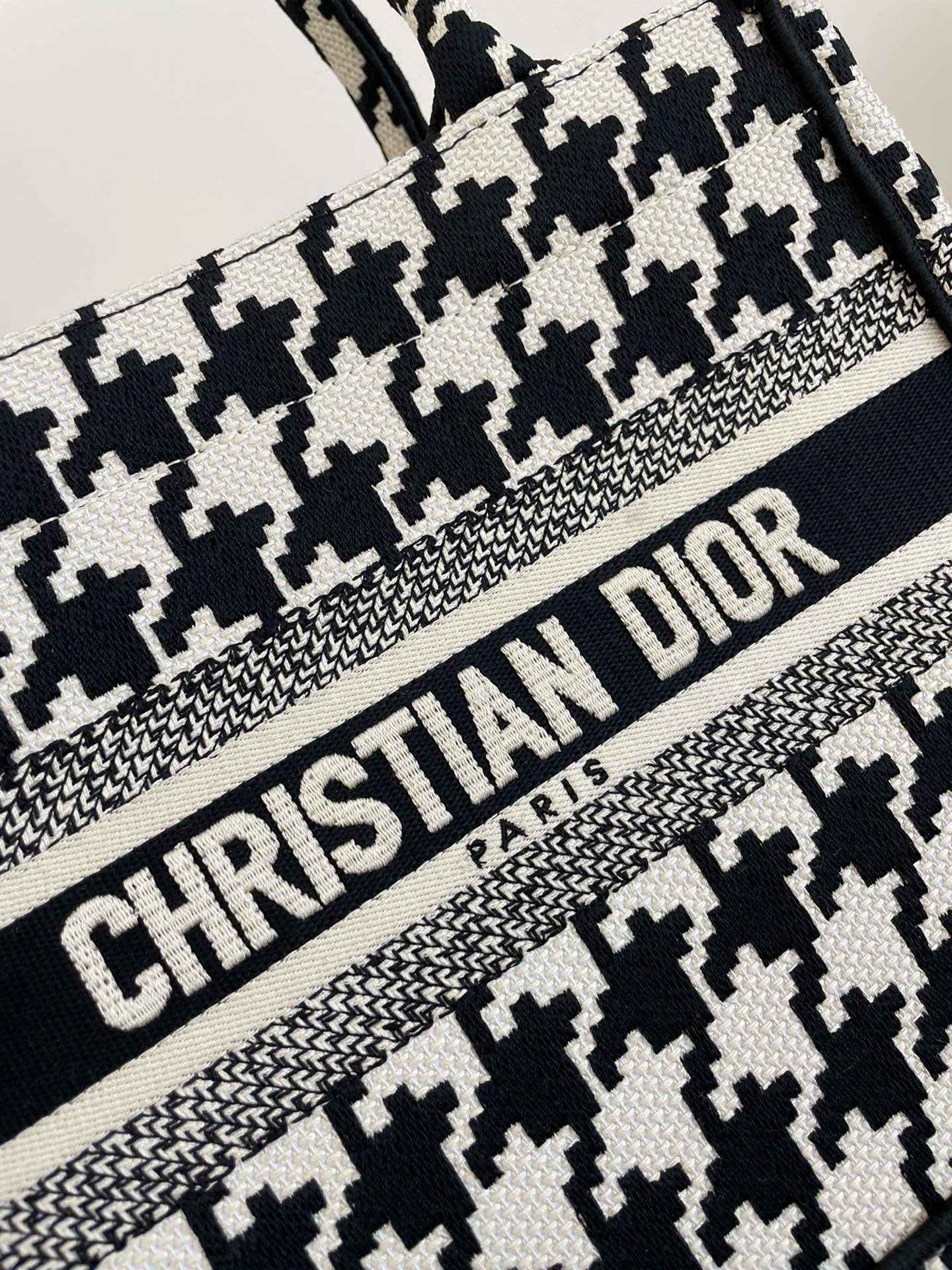 Dior Black and White Houndstooth Embroidery Series Small Tote Bag