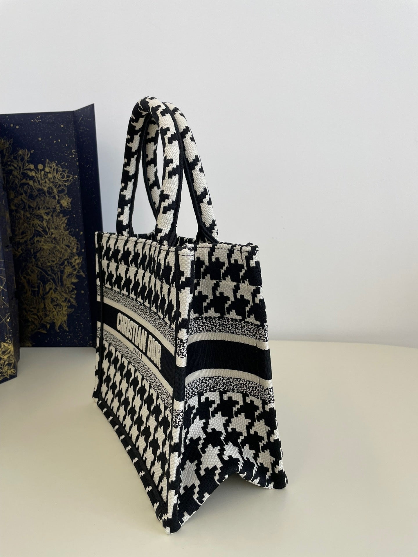 Dior Black and White Houndstooth Embroidery Series Small Tote Bag