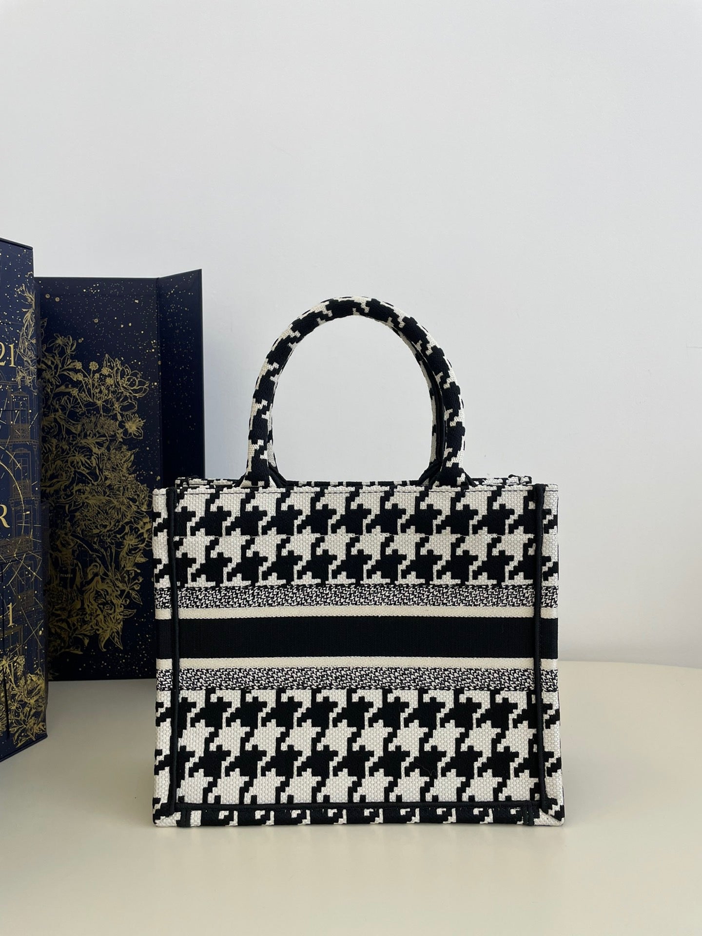 Dior Black and White Houndstooth Embroidery Series Small Tote Bag