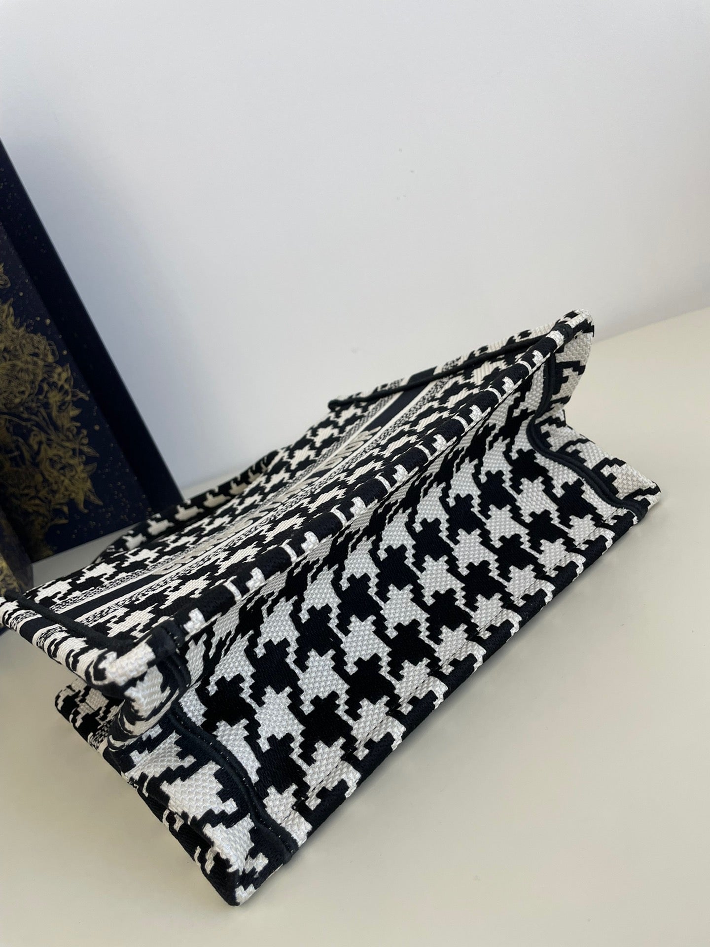 Dior Black and White Houndstooth Embroidery Series Small Tote Bag