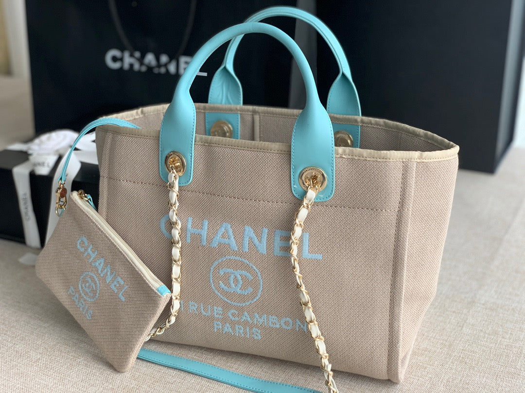 CHANEL Beach Canvas Tote Bag In Beige with Blue Shoulder Straps