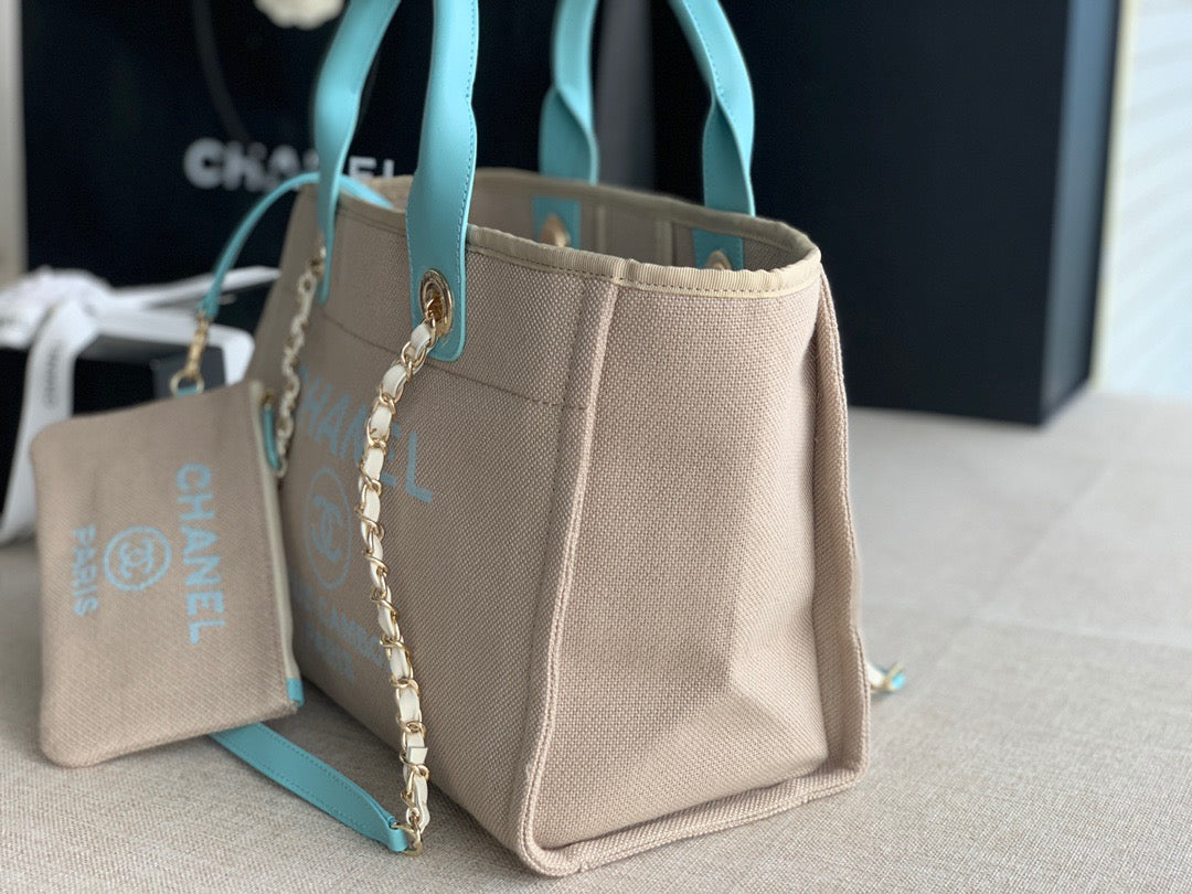 CHANEL Beach Canvas Tote Bag In Beige with Blue Shoulder Straps