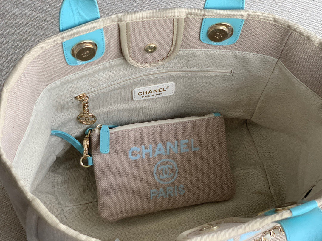 CHANEL Beach Canvas Tote Bag In Beige with Blue Shoulder Straps