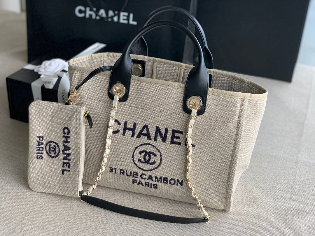 CHANEL Beach Canvas Tote Bag In Beige with Black Shoulder Straps