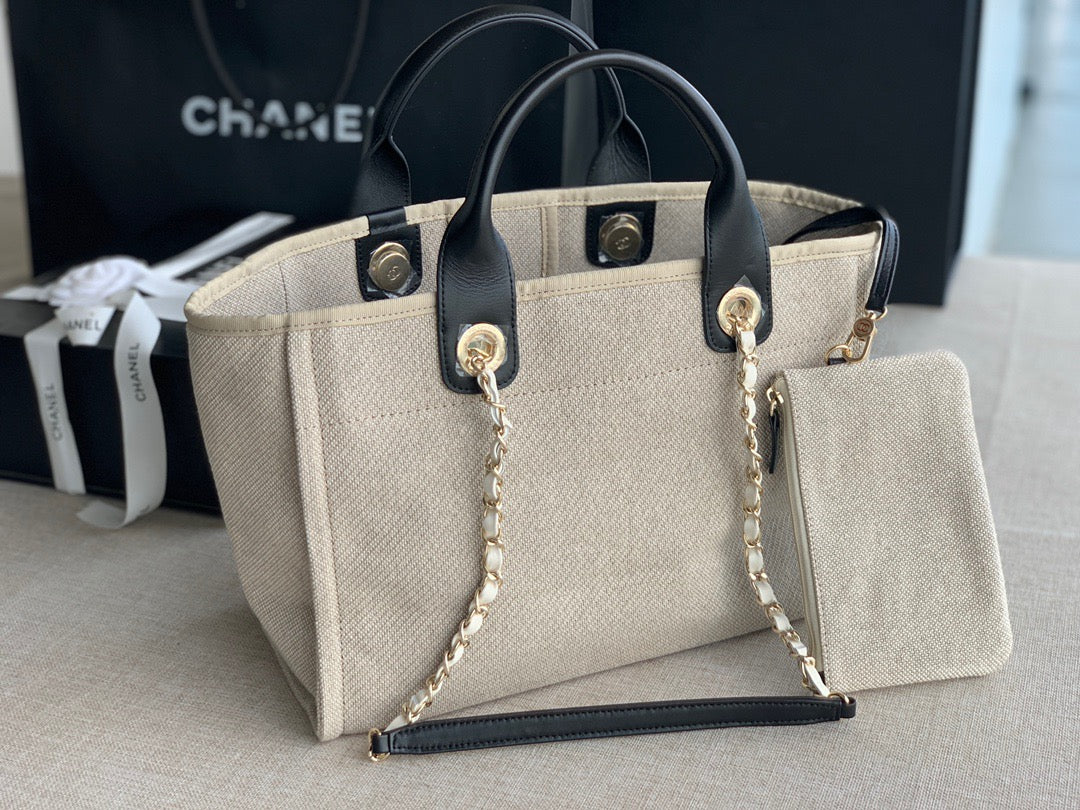 CHANEL Beach Canvas Tote Bag In Beige with Black Shoulder Straps