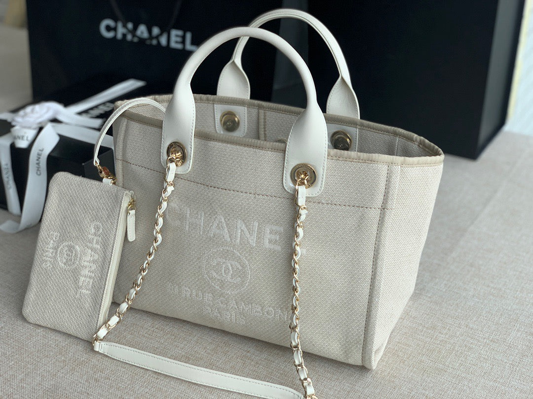 CHANEL Beach Canvas Tote Bag In Beige with White Shoulder Straps