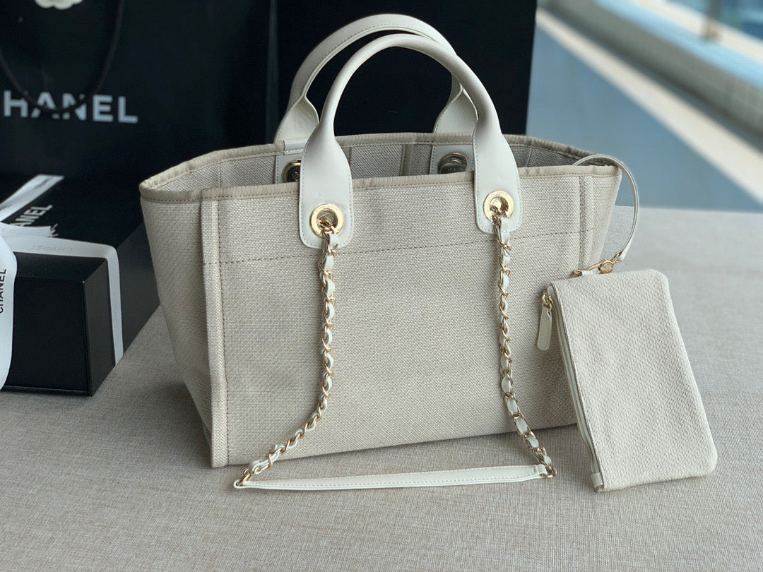 CHANEL Beach Canvas Tote Bag In Beige with White Shoulder Straps