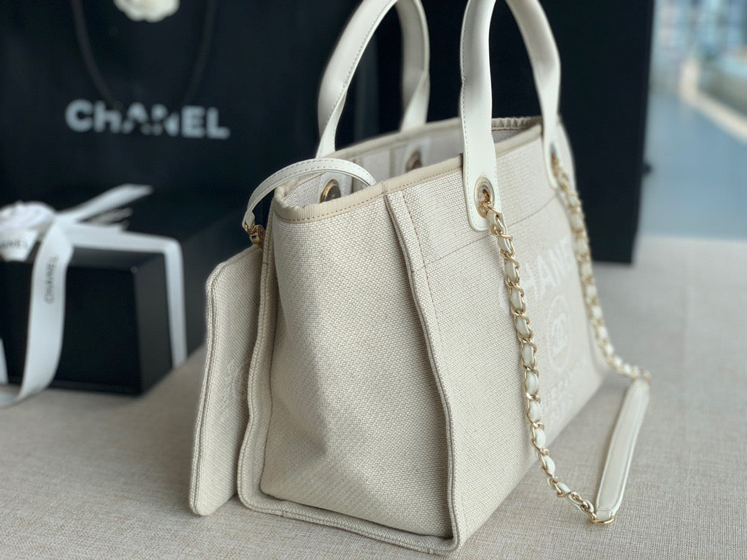 CHANEL Beach Canvas Tote Bag In Beige with White Shoulder Straps