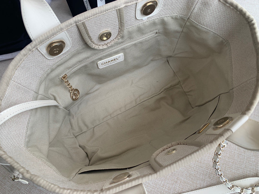 CHANEL Beach Canvas Tote Bag In Beige with White Shoulder Straps