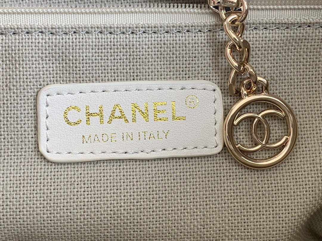 CHANEL Beach Canvas Tote Bag In Beige with White Shoulder Straps