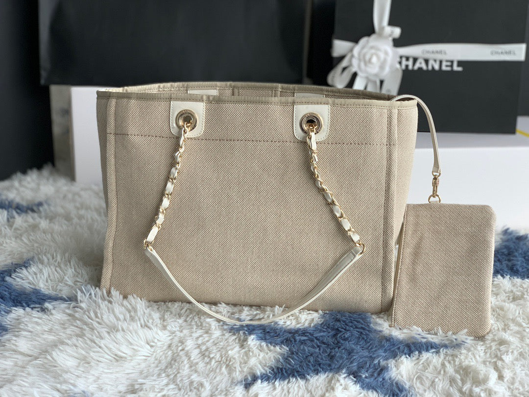 CHANEL Beach Canvas Tote Bag In Gold Tone Chain Link with Beige Shoulder Straps