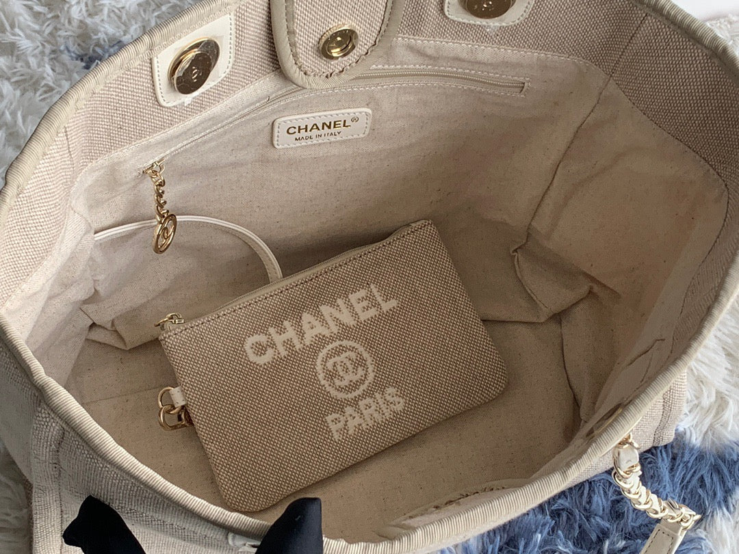 CHANEL Beach Canvas Tote Bag In Gold Tone Chain Link with Beige Shoulder Straps