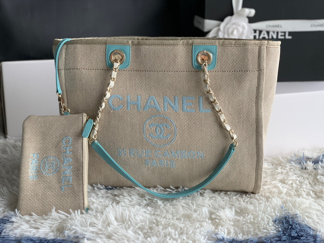 CHANEL Beach Canvas Tote Bag In Gold Tone Chain Link with Blue Shoulder Straps