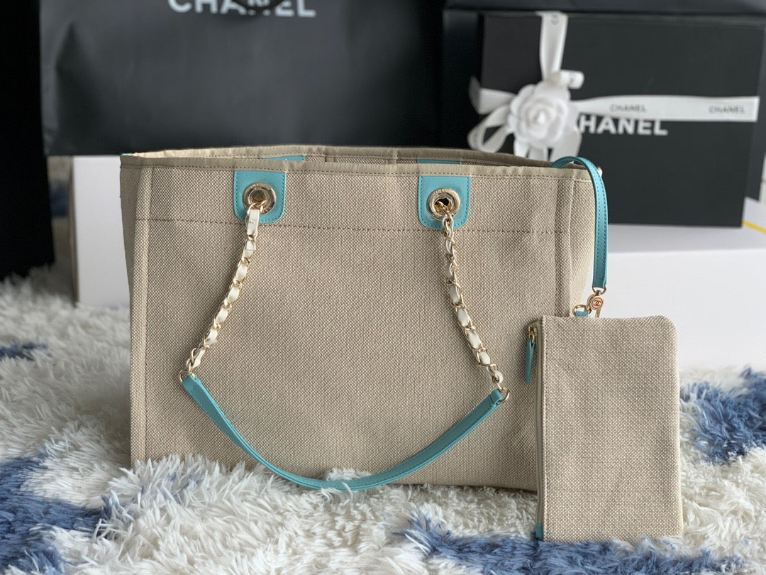 CHANEL Beach Canvas Tote Bag In Gold Tone Chain Link with Blue Shoulder Straps