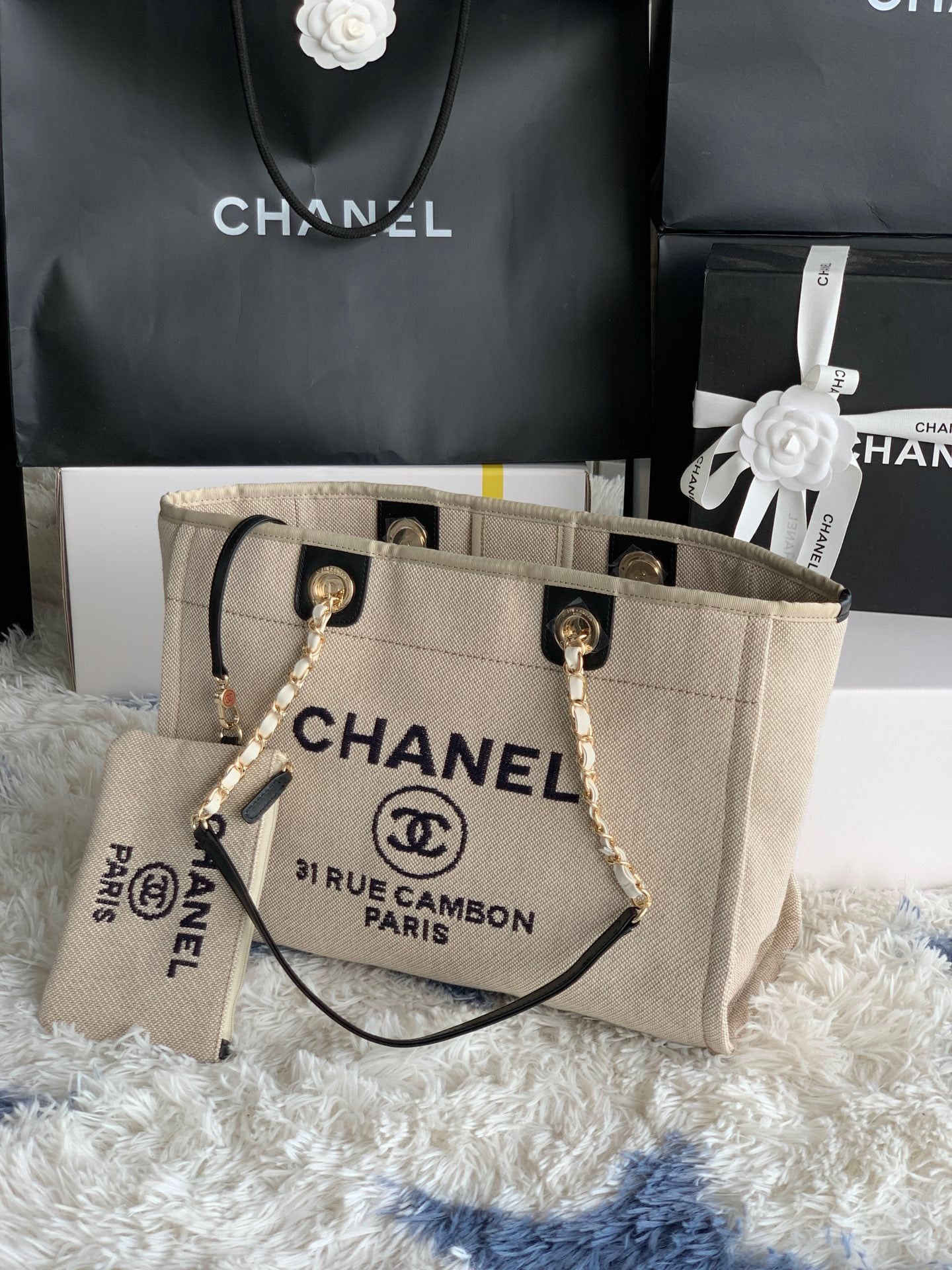 CHANEL Beach Canvas Tote Bag In Gold Tone Chain Link with Black Shoulder Straps