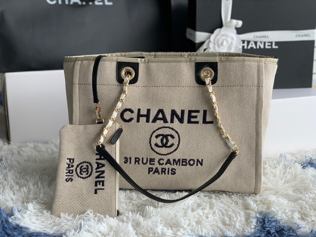 CHANEL Beach Canvas Tote Bag In Gold Tone Chain Link with Black Shoulder Straps