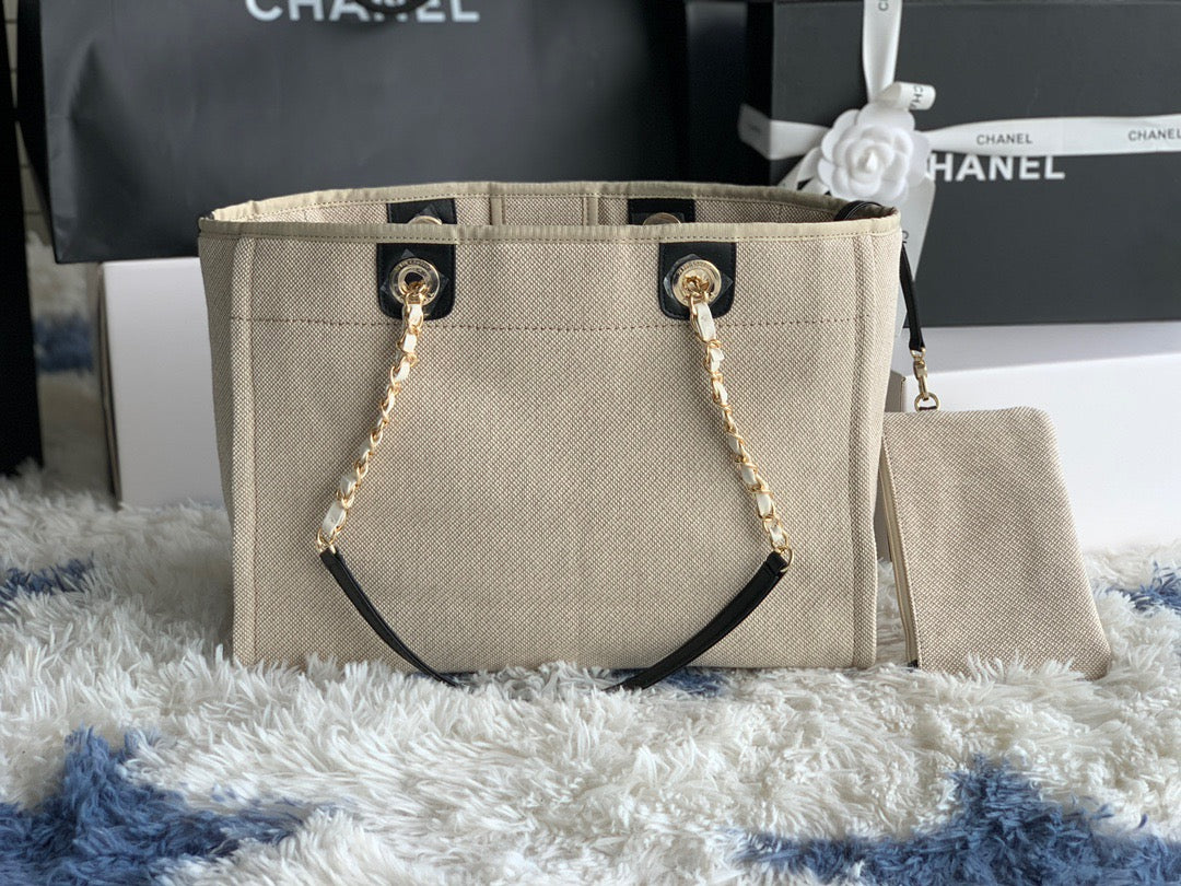 CHANEL Beach Canvas Tote Bag In Gold Tone Chain Link with Black Shoulder Straps