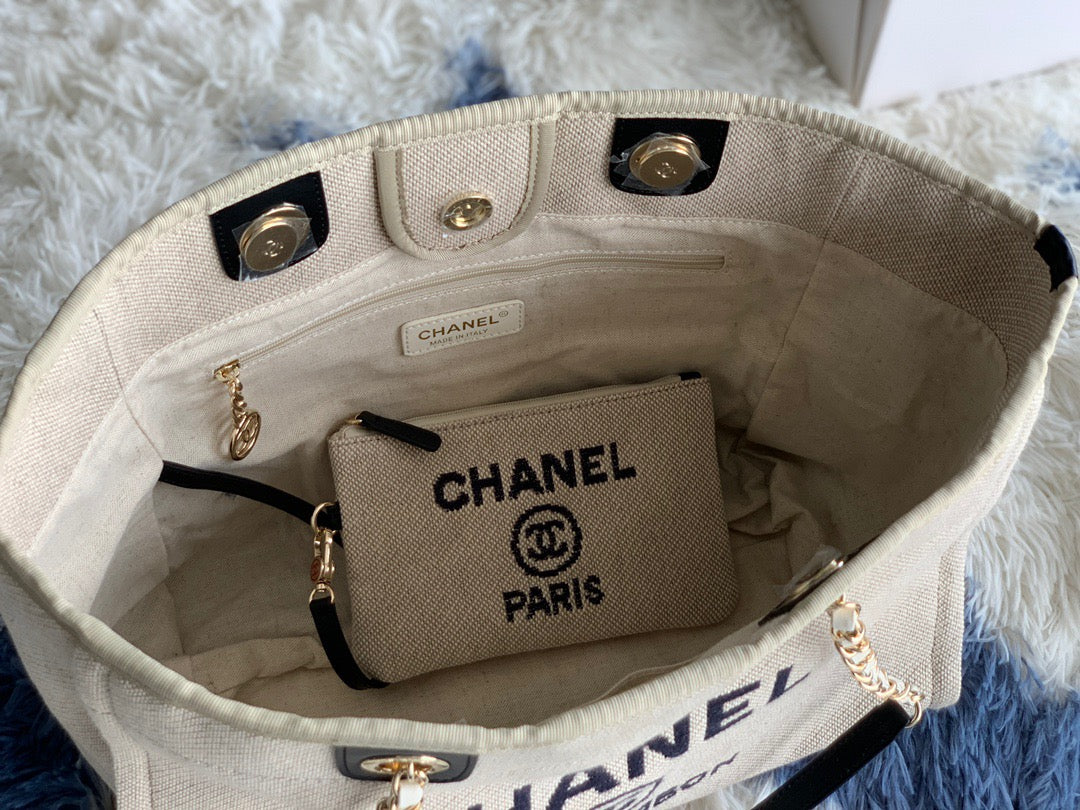 CHANEL Beach Canvas Tote Bag In Gold Tone Chain Link with Black Shoulder Straps