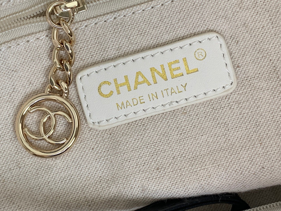 CHANEL Beach Canvas Tote Bag In Gold Tone Chain Link with Black Shoulder Straps