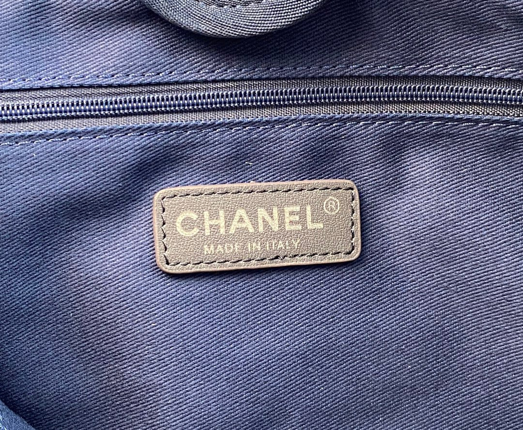 CHANEL Beach Canvas Tote Bag In Dark Blue With Gold Tone Chain Link