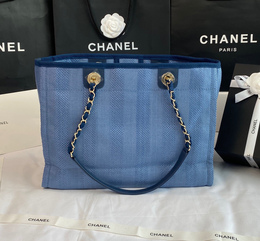 CHANEL Beach Canvas Tote Bag In Light Blue With Gold Tone Chain Link