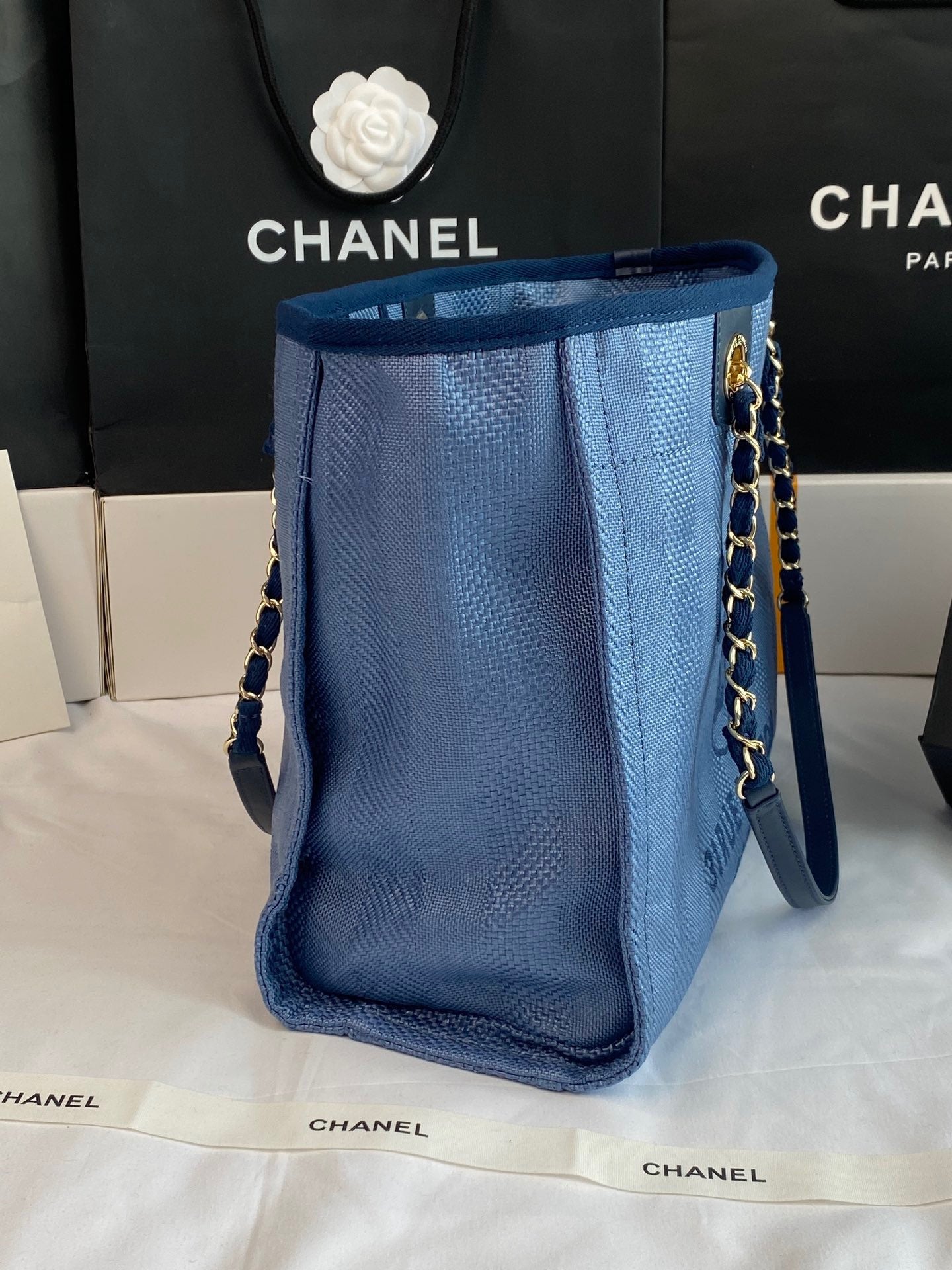 CHANEL Beach Canvas Tote Bag In Light Blue With Gold Tone Chain Link