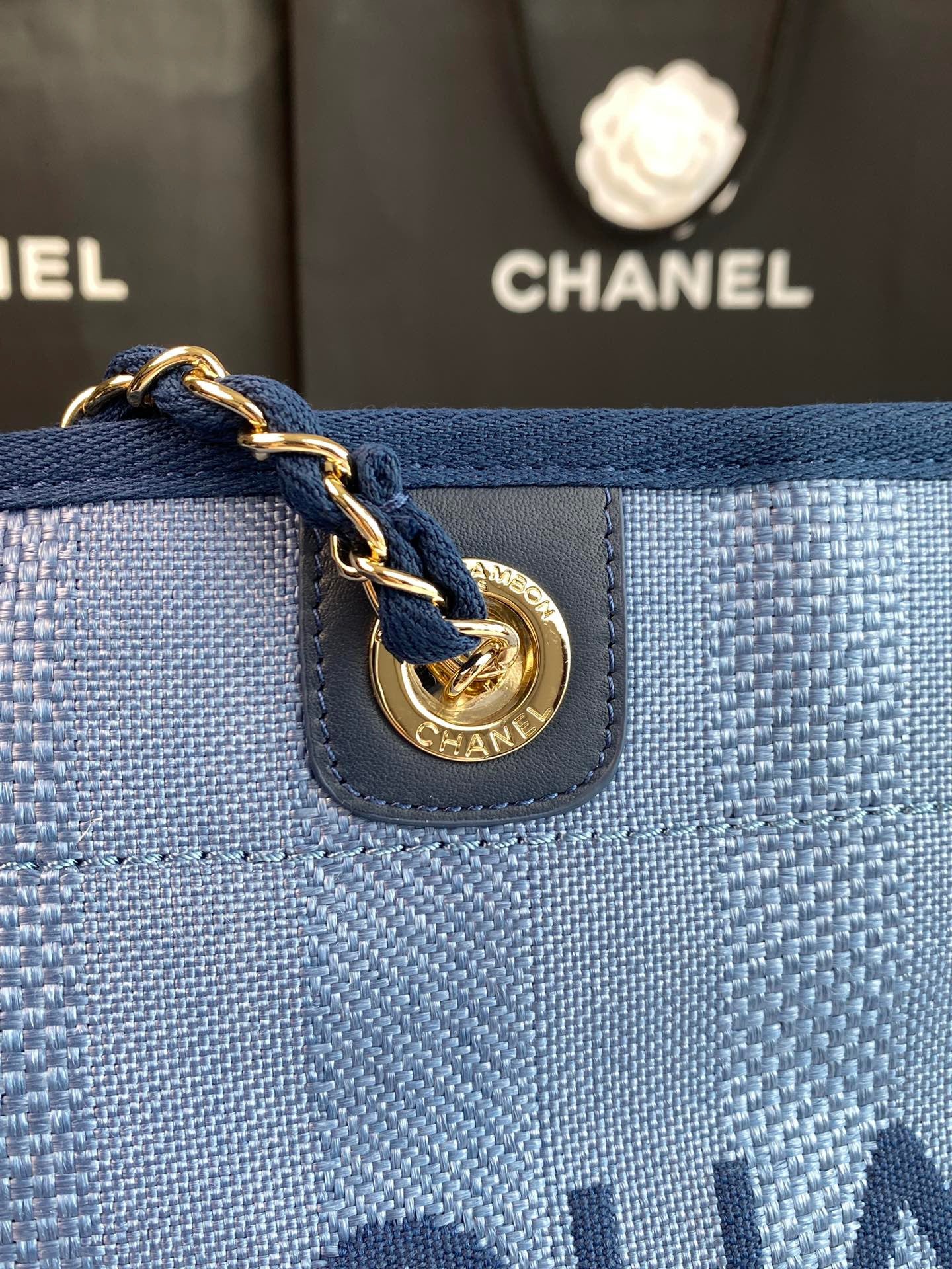 CHANEL Beach Canvas Tote Bag In Light Blue With Gold Tone Chain Link