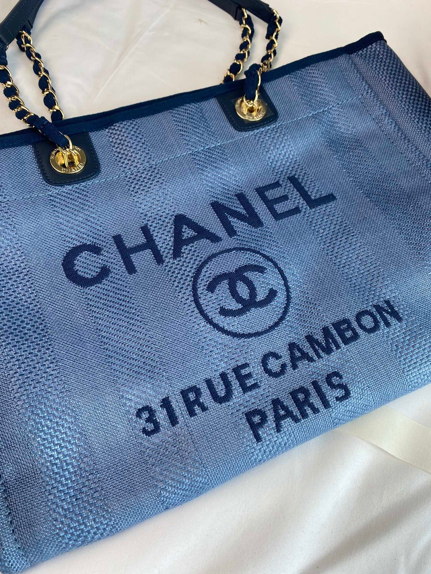 CHANEL Beach Canvas Tote Bag In Light Blue With Gold Tone Chain Link