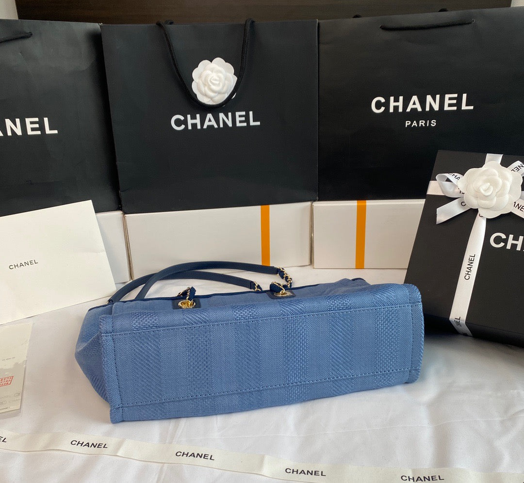 CHANEL Beach Canvas Tote Bag In Light Blue With Gold Tone Chain Link