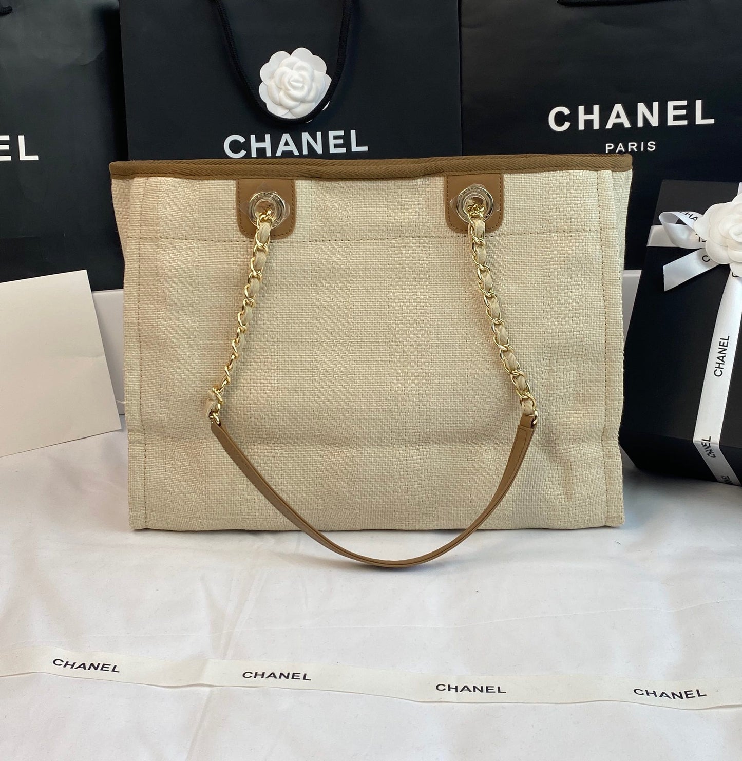 CHANEL Beach Canvas Tote Bag In Brown With Gold Tone Chain Link