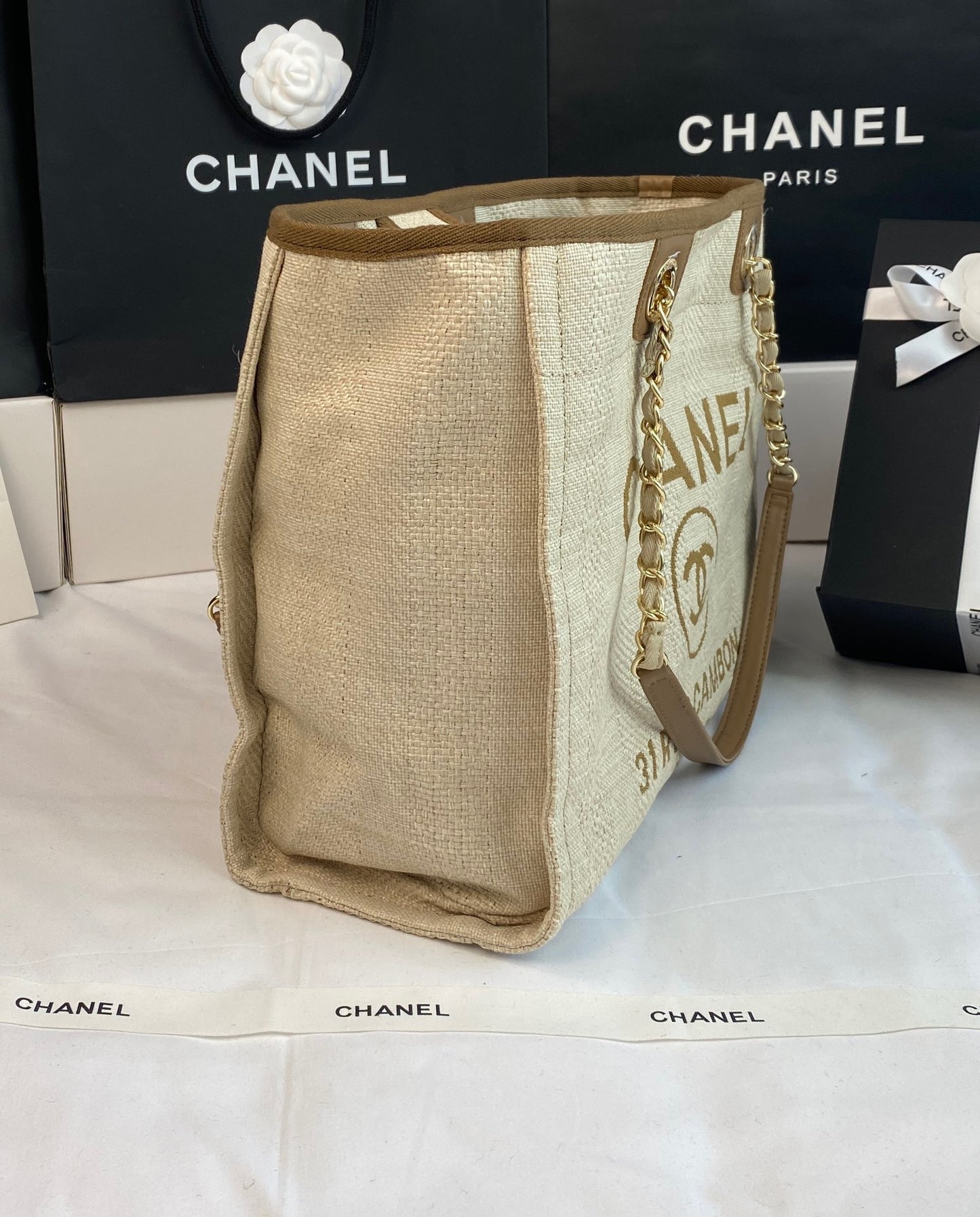 CHANEL Beach Canvas Tote Bag In Brown With Gold Tone Chain Link