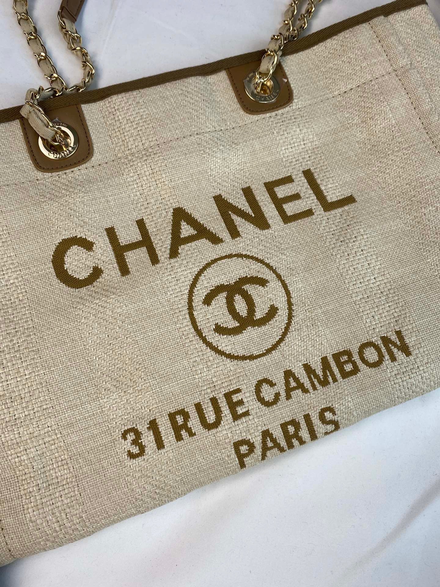 CHANEL Beach Canvas Tote Bag In Brown With Gold Tone Chain Link