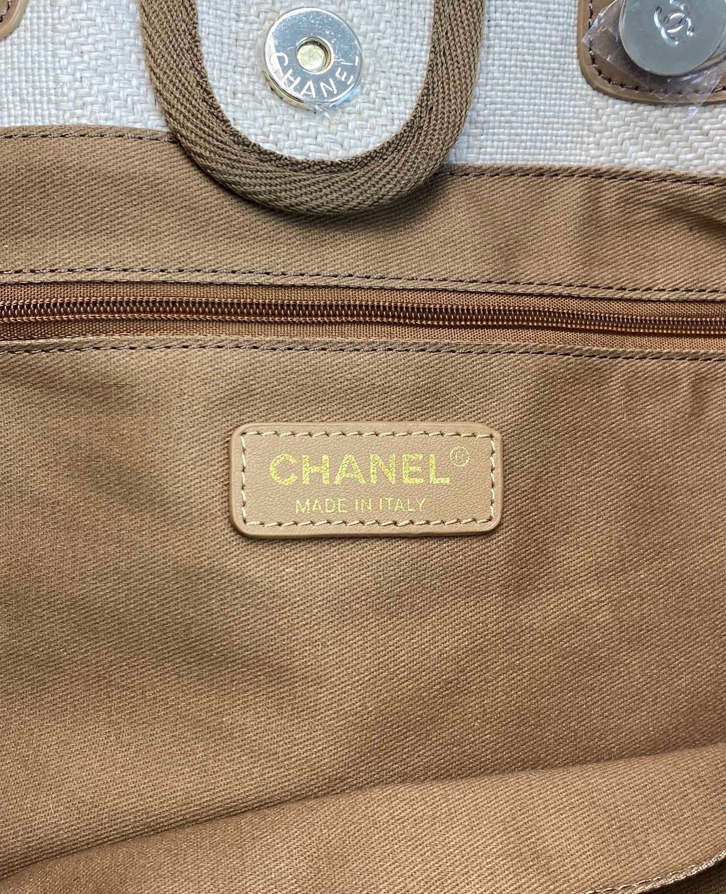 CHANEL Beach Canvas Tote Bag In Brown With Gold Tone Chain Link