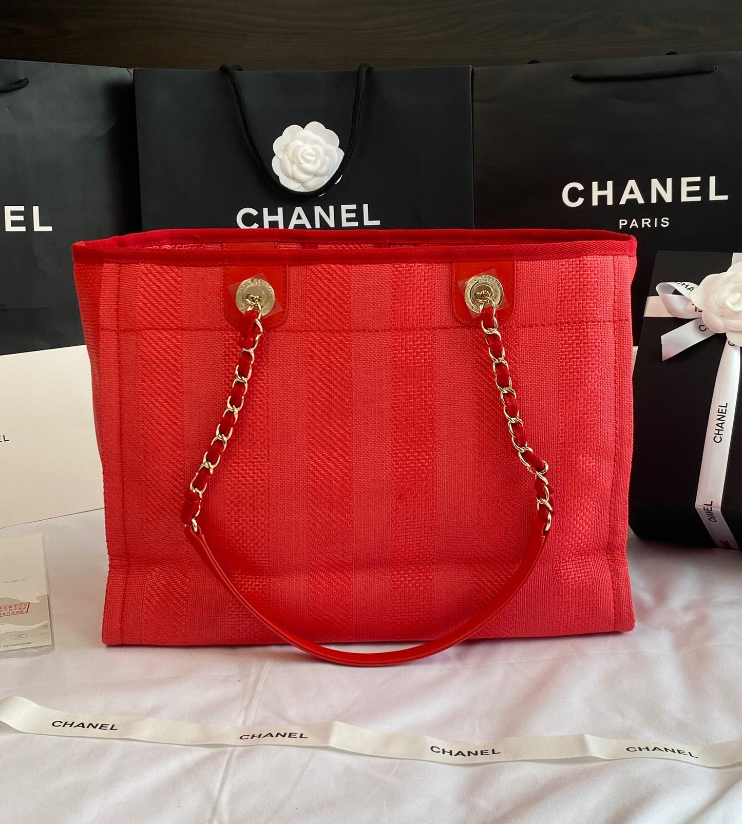 CHANEL Beach Canvas Tote Bag In Red With Gold Tone Chain Link