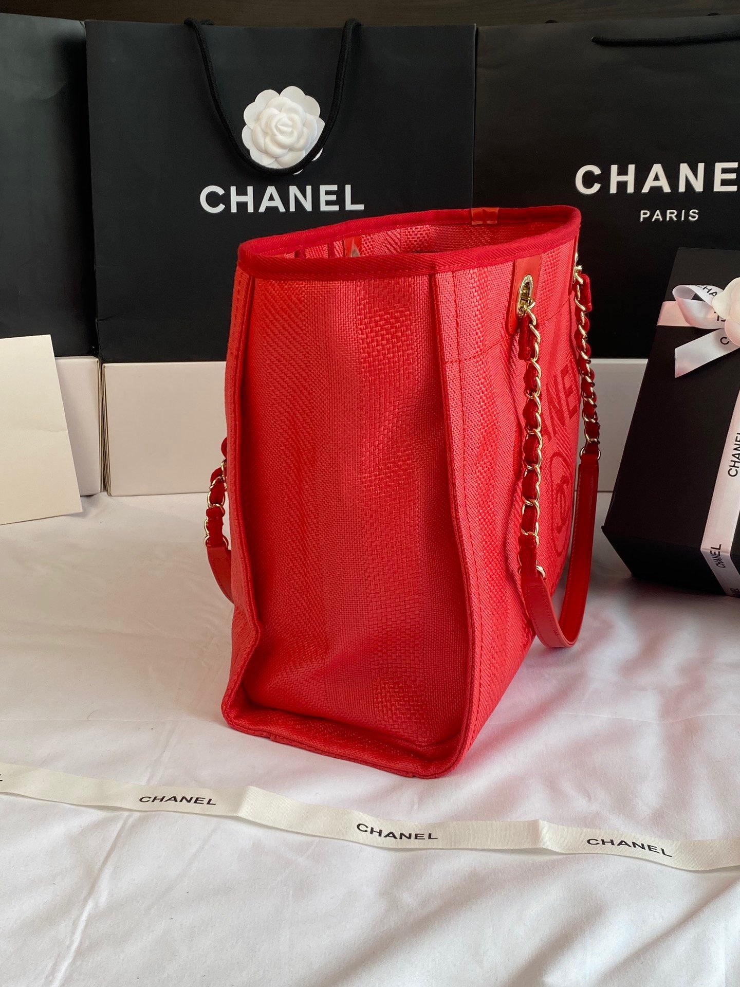 CHANEL Beach Canvas Tote Bag In Red With Gold Tone Chain Link