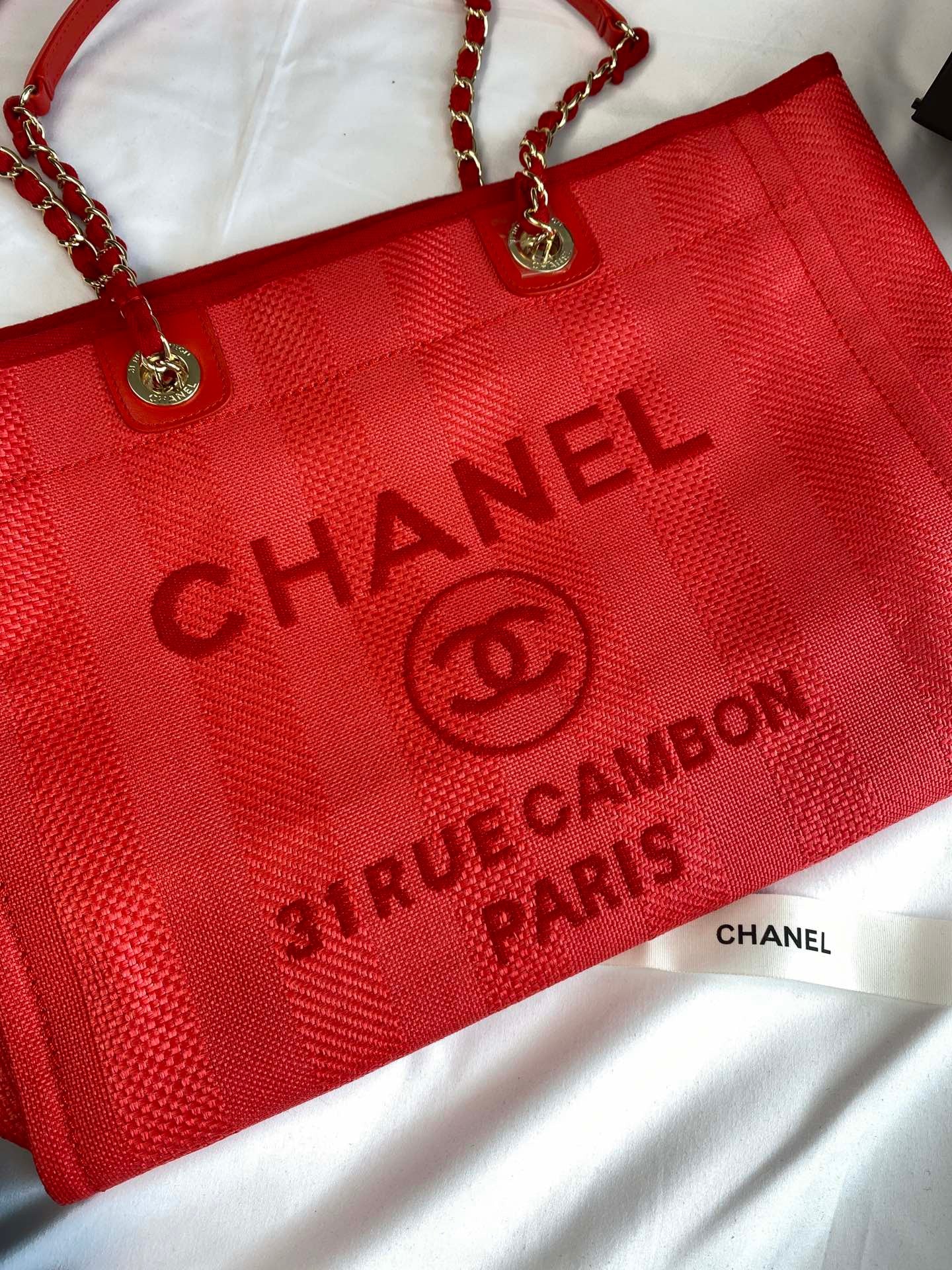 CHANEL Beach Canvas Tote Bag In Red With Gold Tone Chain Link