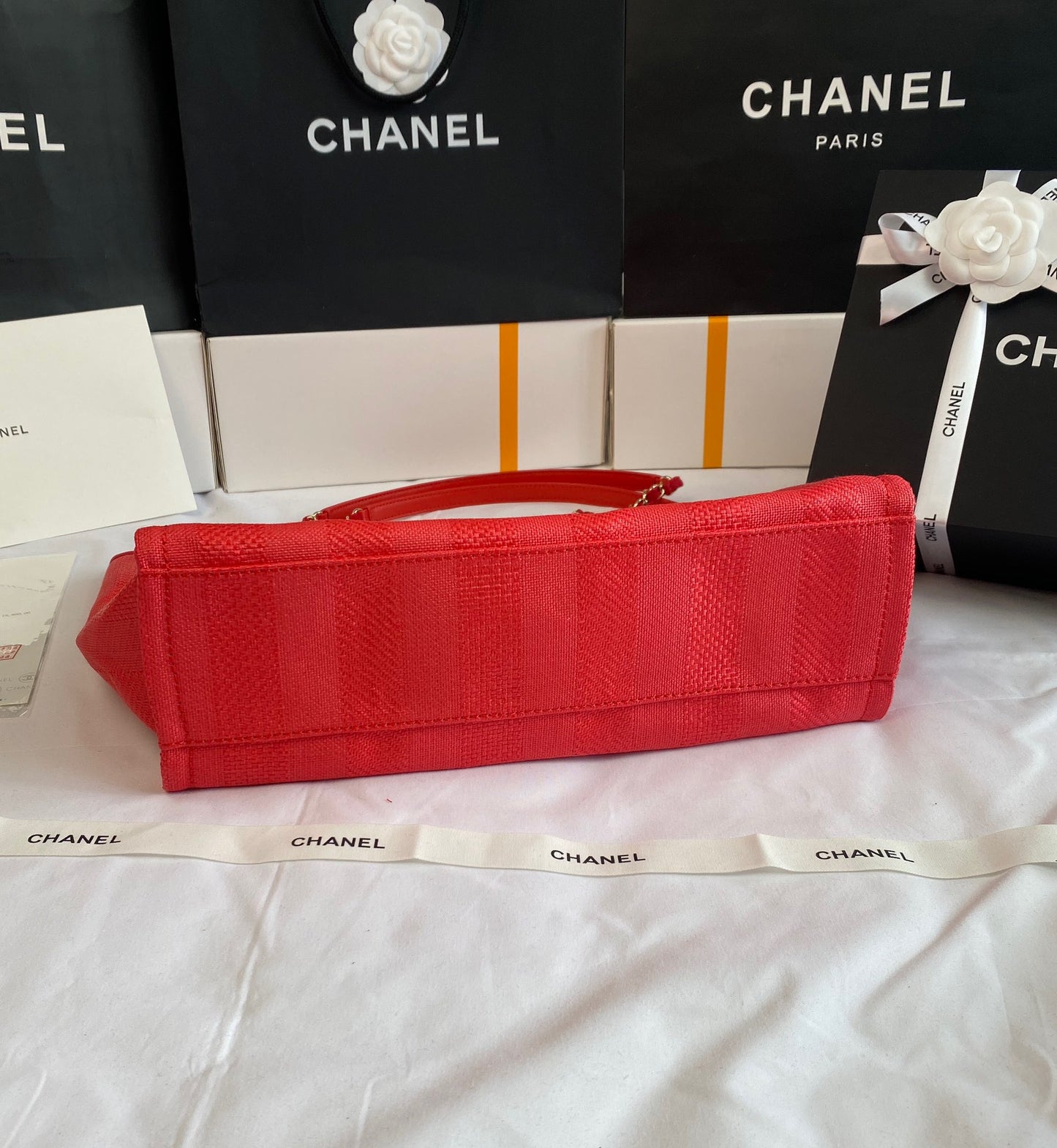 CHANEL Beach Canvas Tote Bag In Red With Gold Tone Chain Link