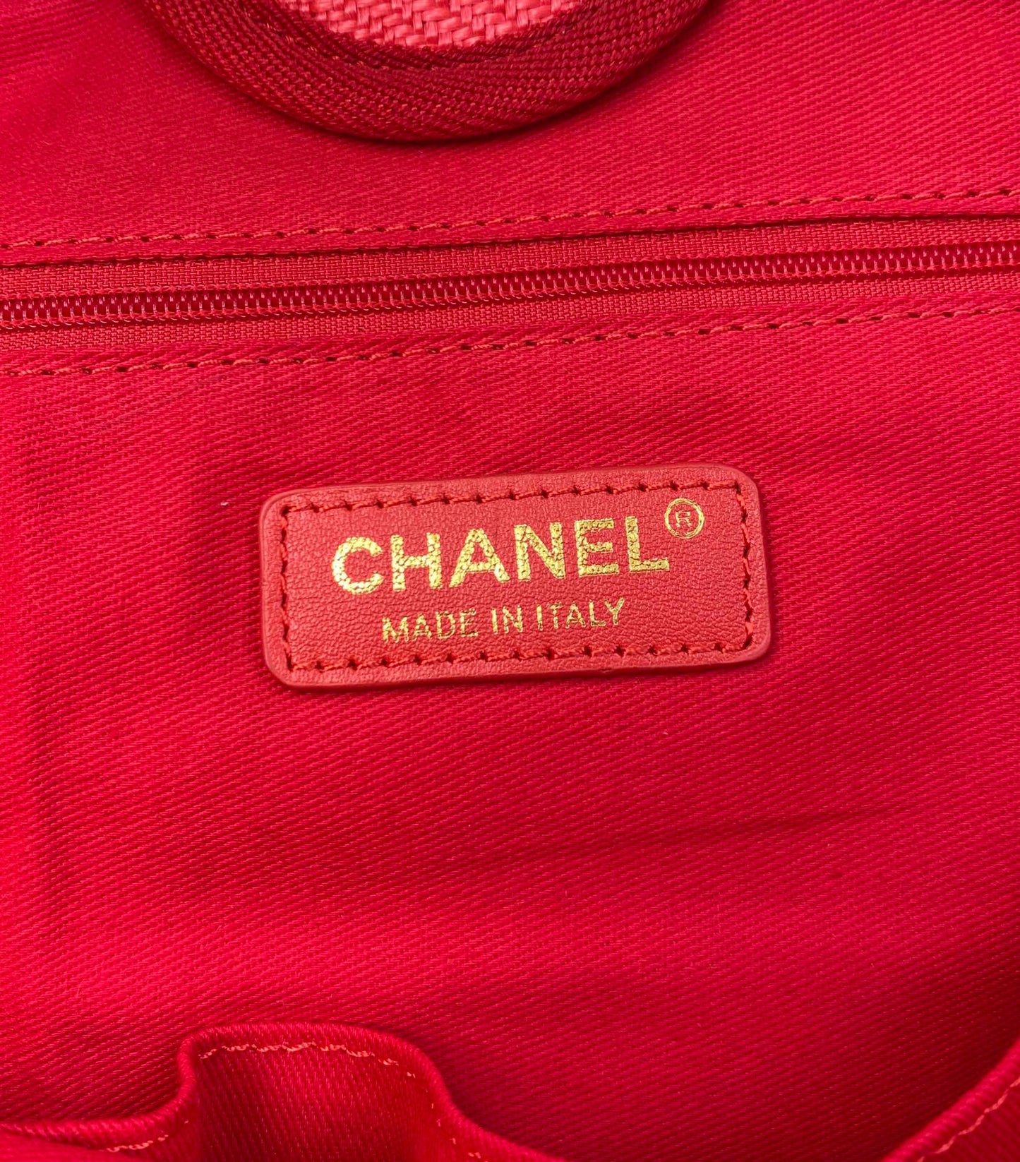 CHANEL Beach Canvas Tote Bag In Red With Gold Tone Chain Link