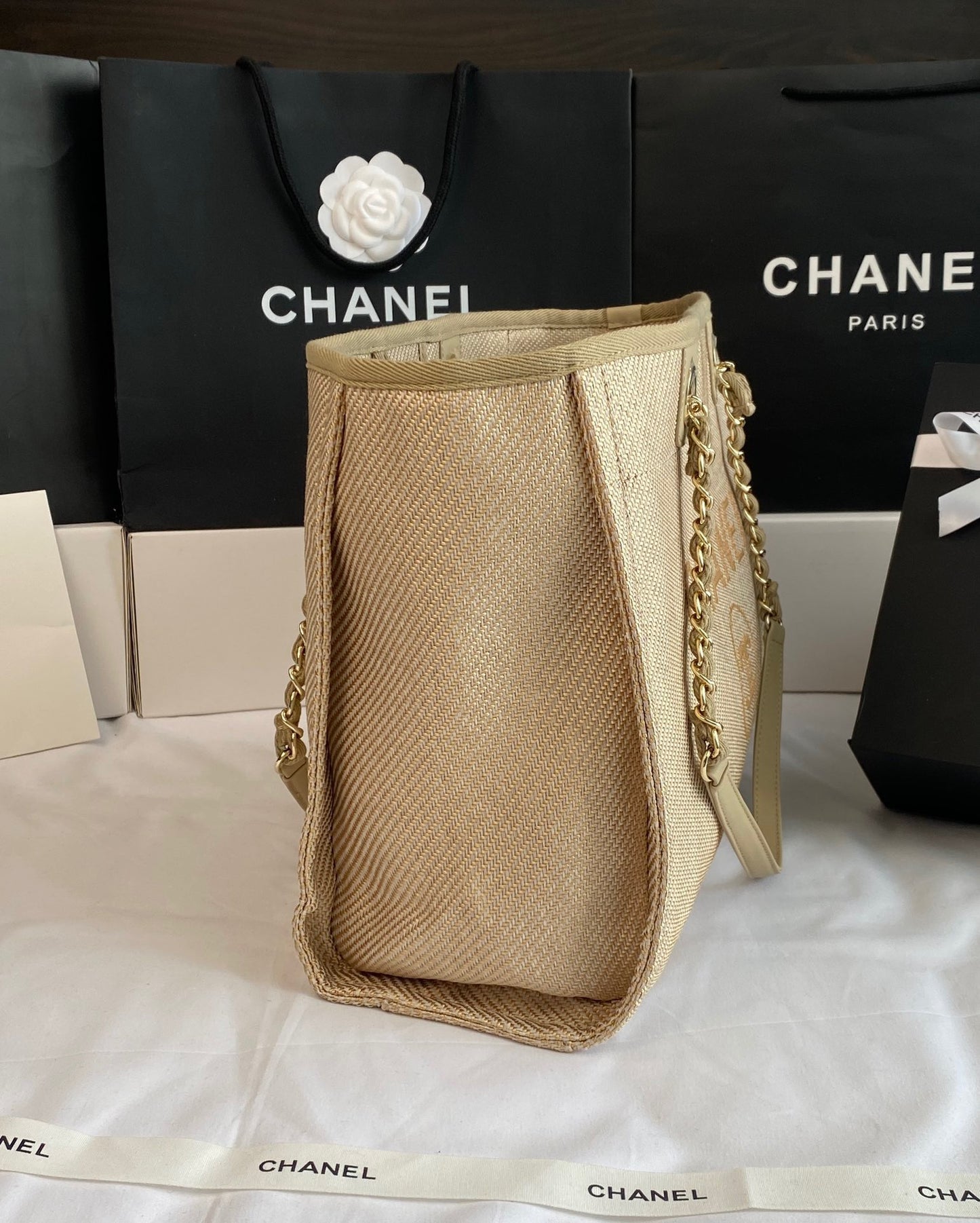 CHANEL Beach Canvas Tote Bag In Light Brown With Gold Tone Chain Link