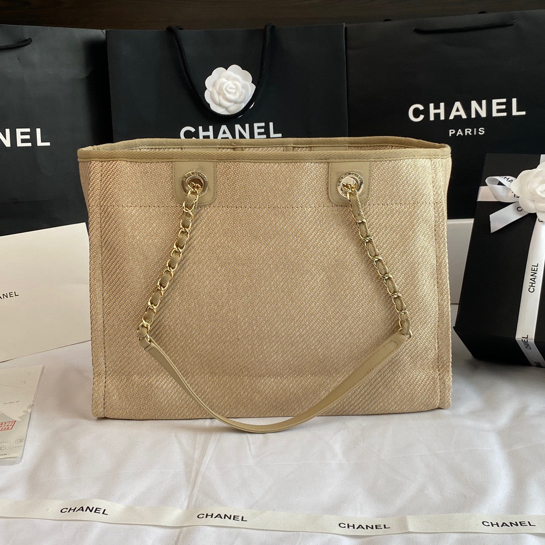 CHANEL Beach Canvas Tote Bag In Light Brown With Gold Tone Chain Link