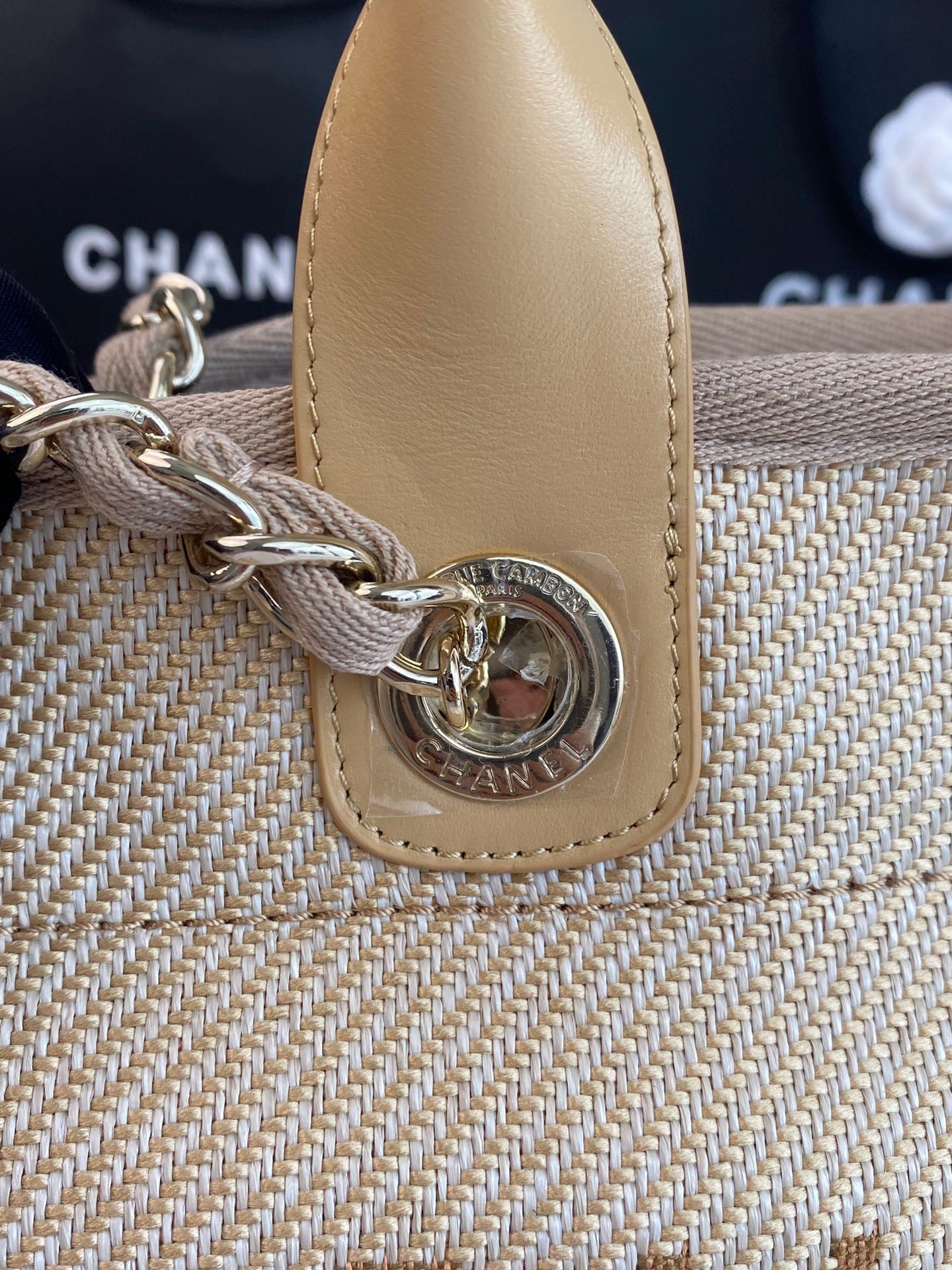 CHANEL Beach Canvas Tote Bag In Light Brown With Gold Tone Chain Link