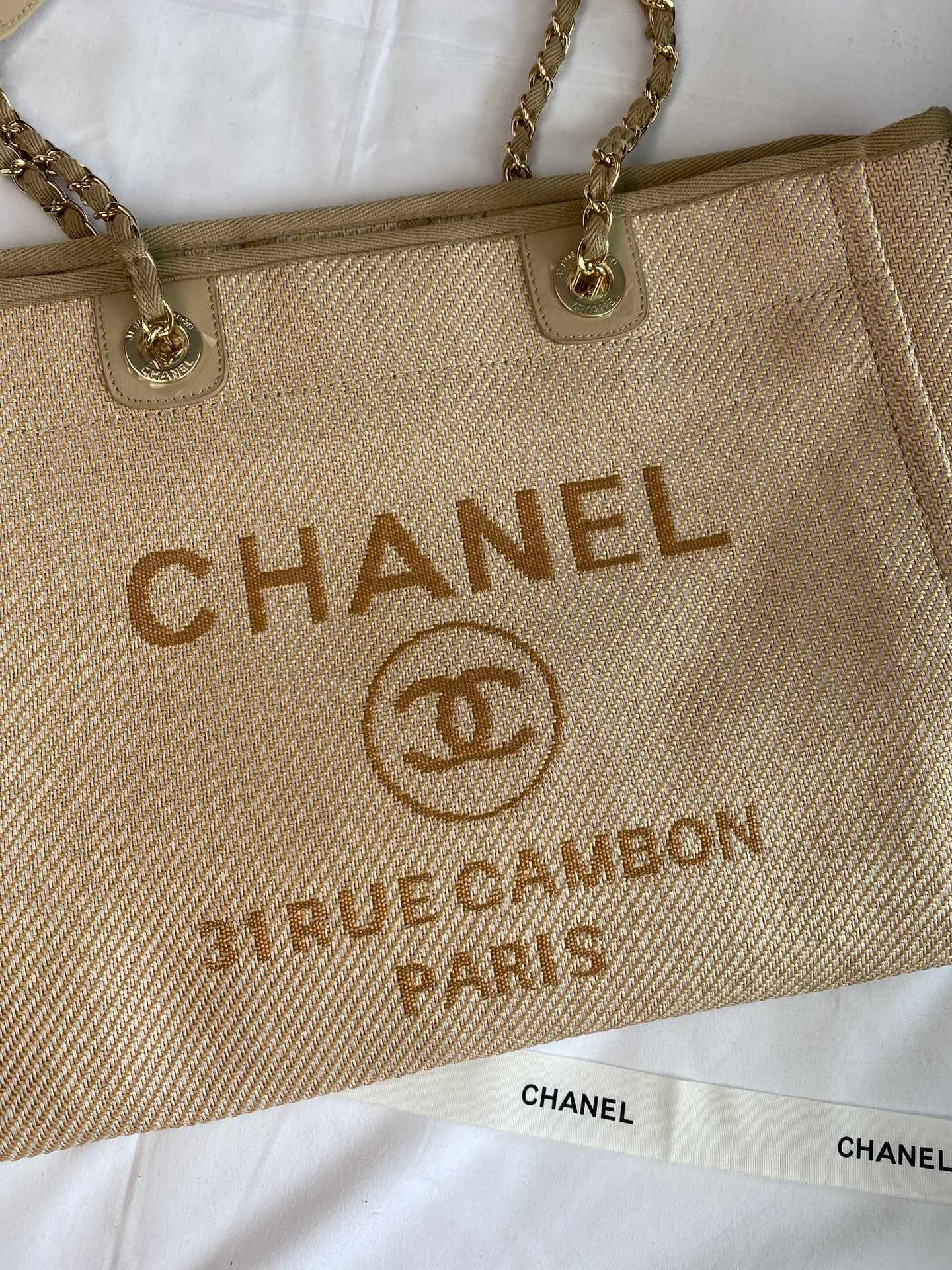 CHANEL Beach Canvas Tote Bag In Light Brown With Gold Tone Chain Link