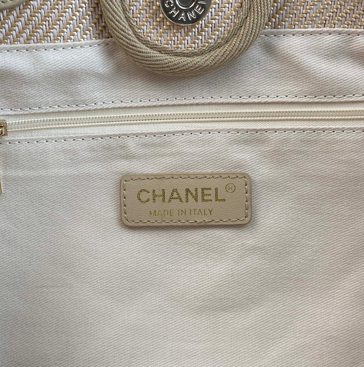 CHANEL Beach Canvas Tote Bag In Light Brown With Gold Tone Chain Link