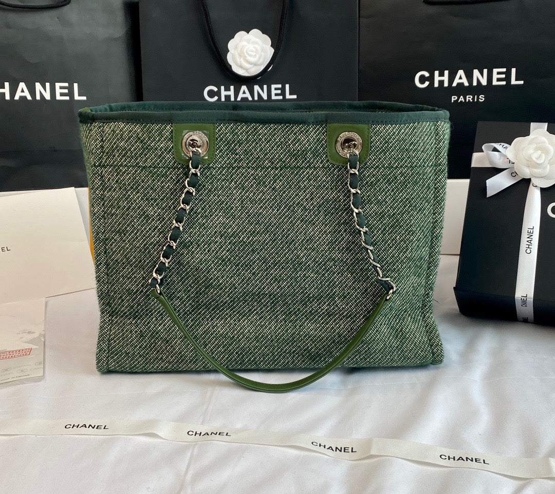 CHANEL Beach Canvas Tote Bag In Dark Green With Gold Tone Chain Link