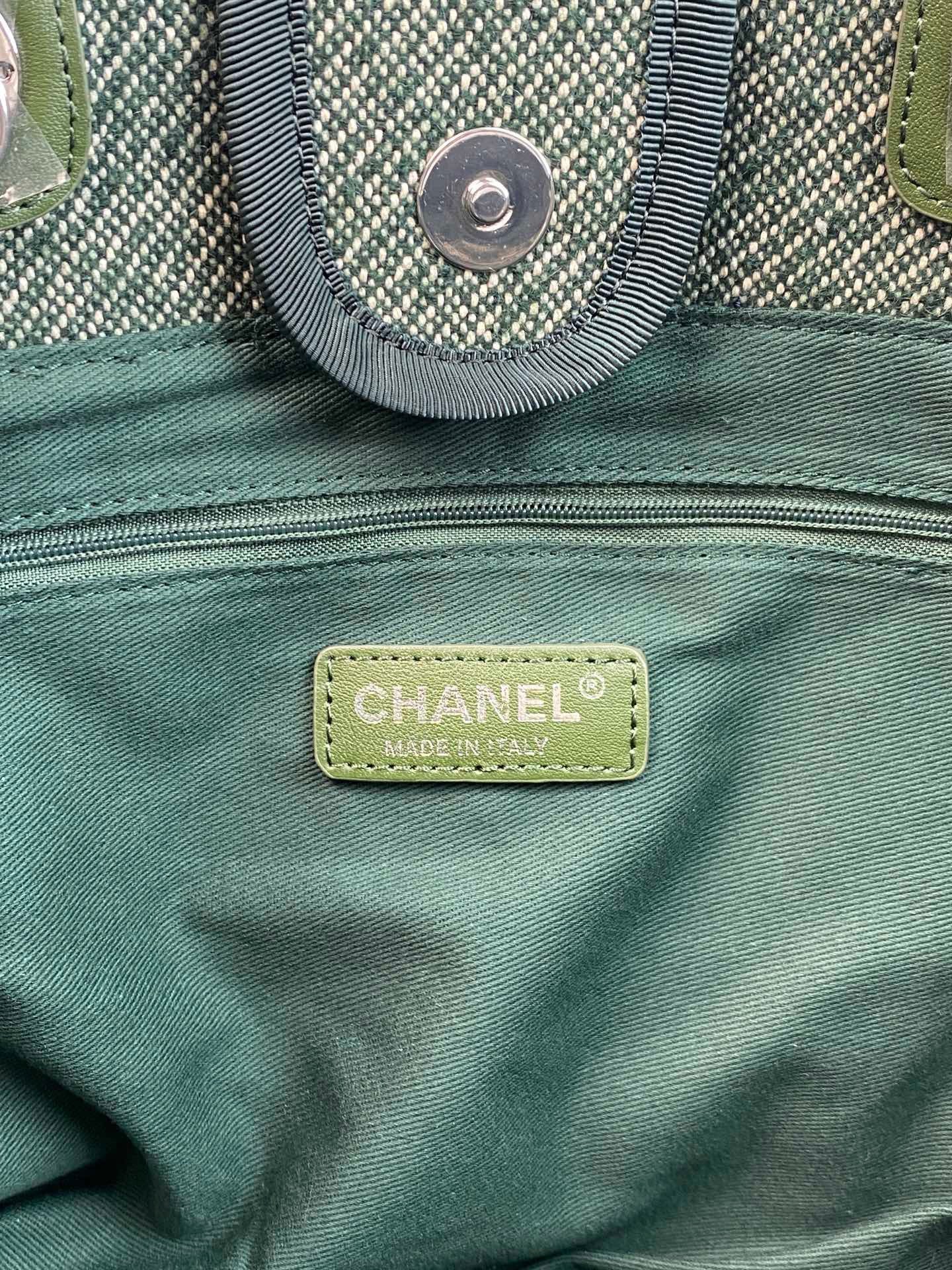 CHANEL Beach Canvas Tote Bag In Dark Green With Gold Tone Chain Link