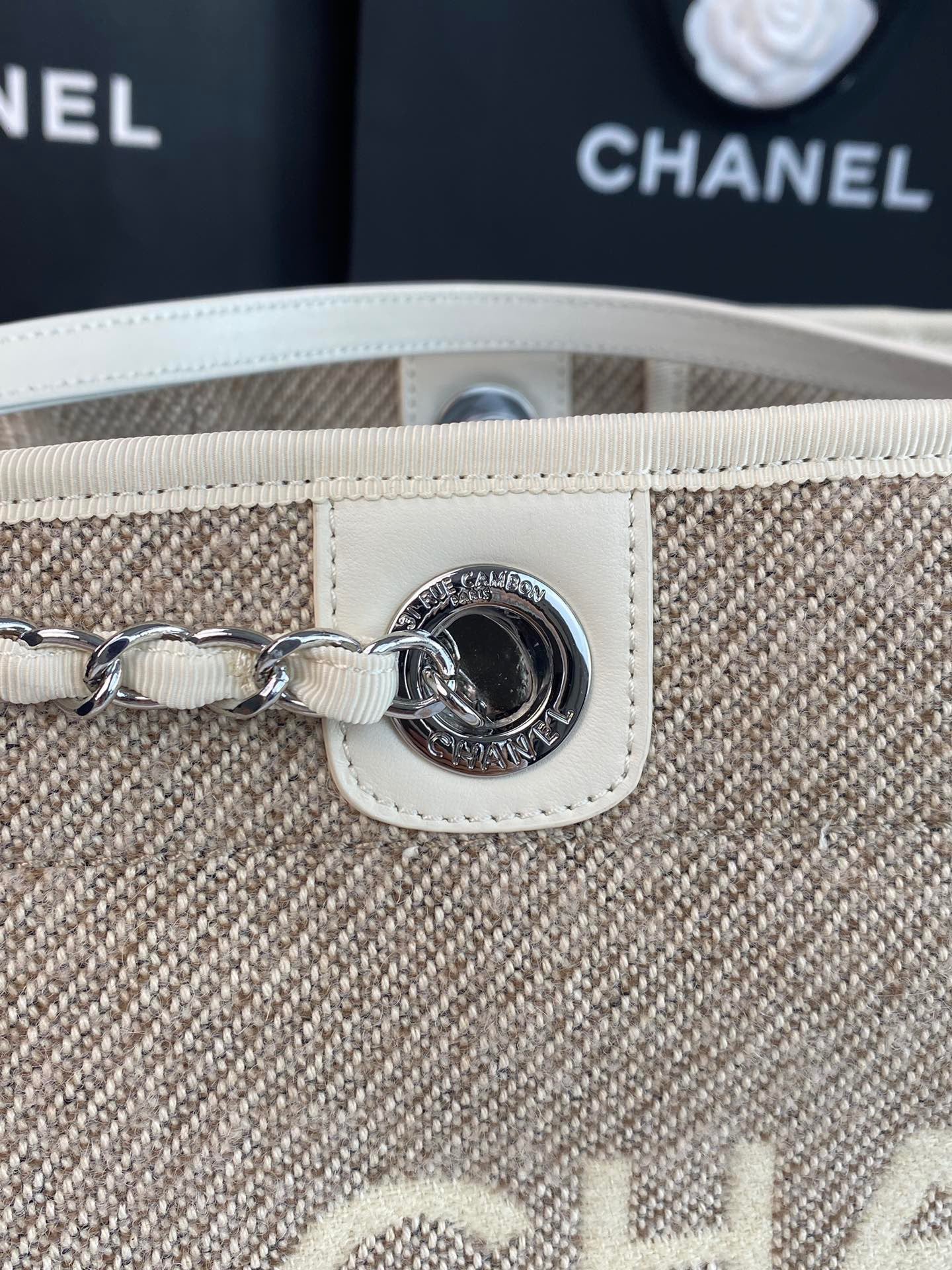 CHANEL Beach Canvas Tote Bag In Gray With Silver Tone Chain Link