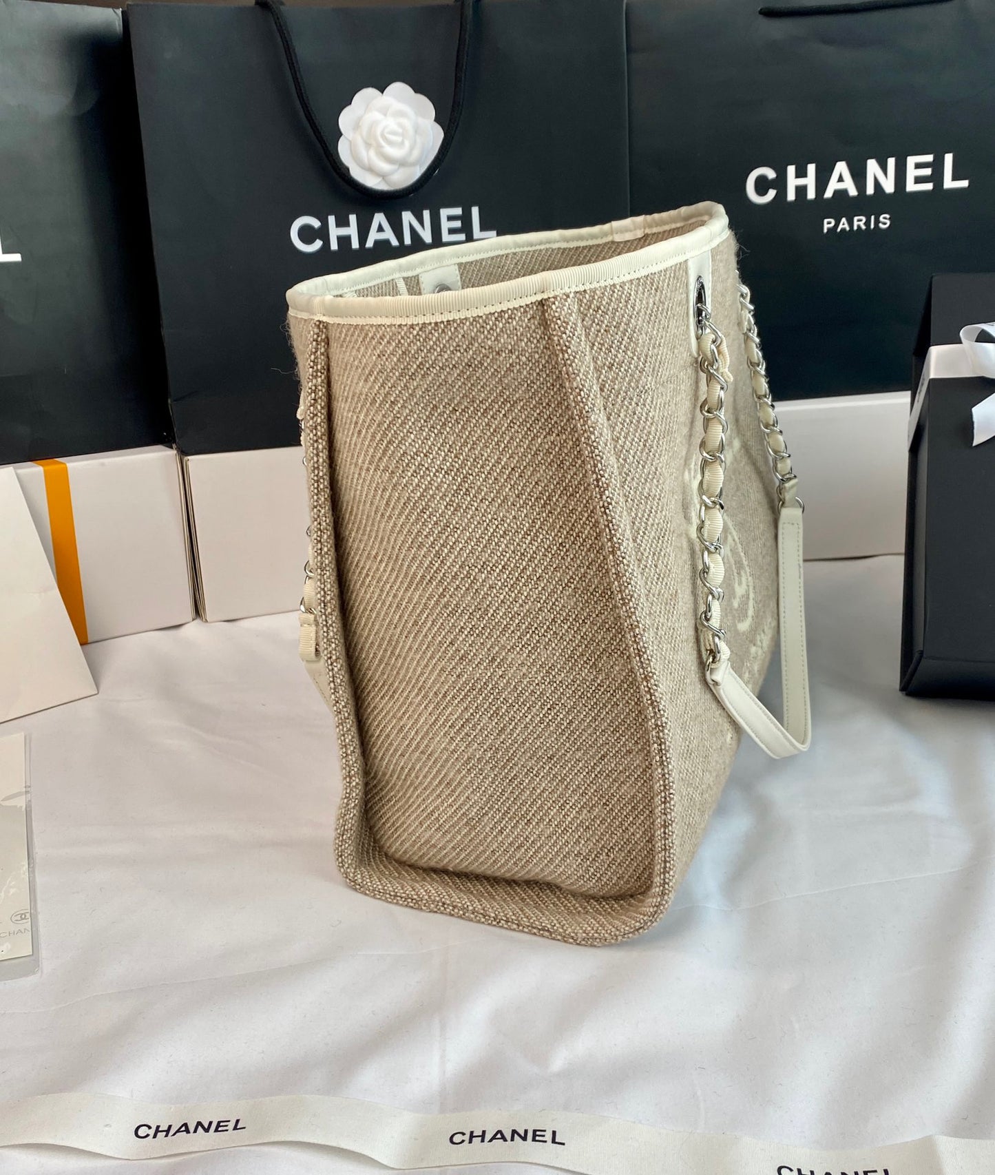 CHANEL Beach Canvas Tote Bag In Gray With Silver Tone Chain Link