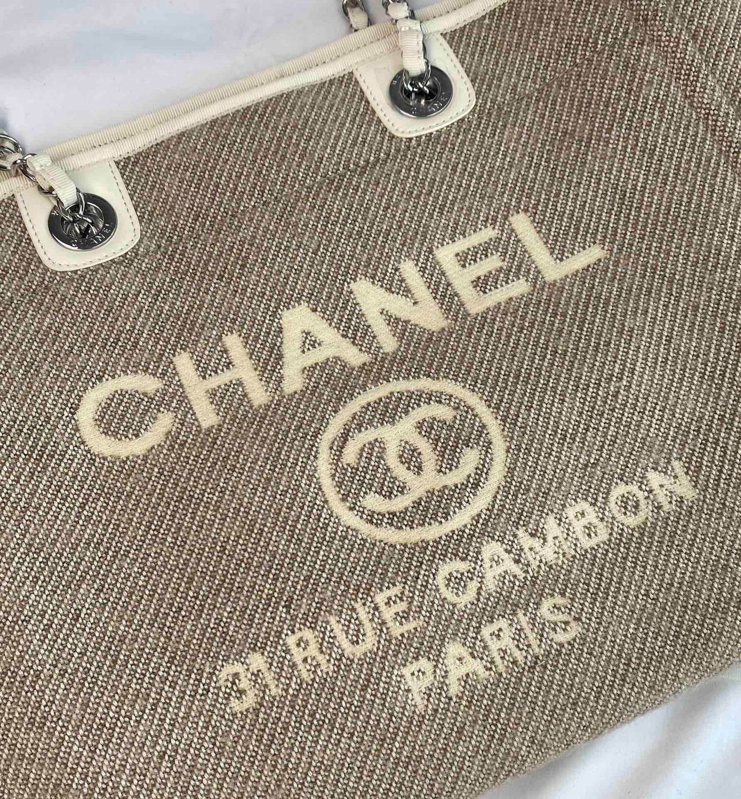 CHANEL Beach Canvas Tote Bag In Gray With Silver Tone Chain Link