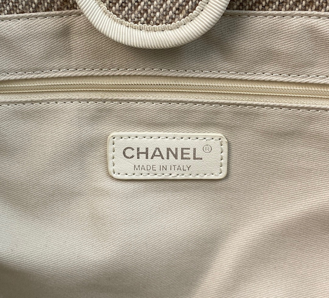 CHANEL Beach Canvas Tote Bag In Gray With Silver Tone Chain Link