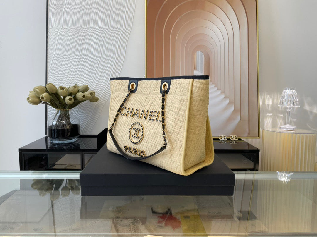 CHANEL Beach Tote Bag In Light Yellow with Gold Tone Chain Link